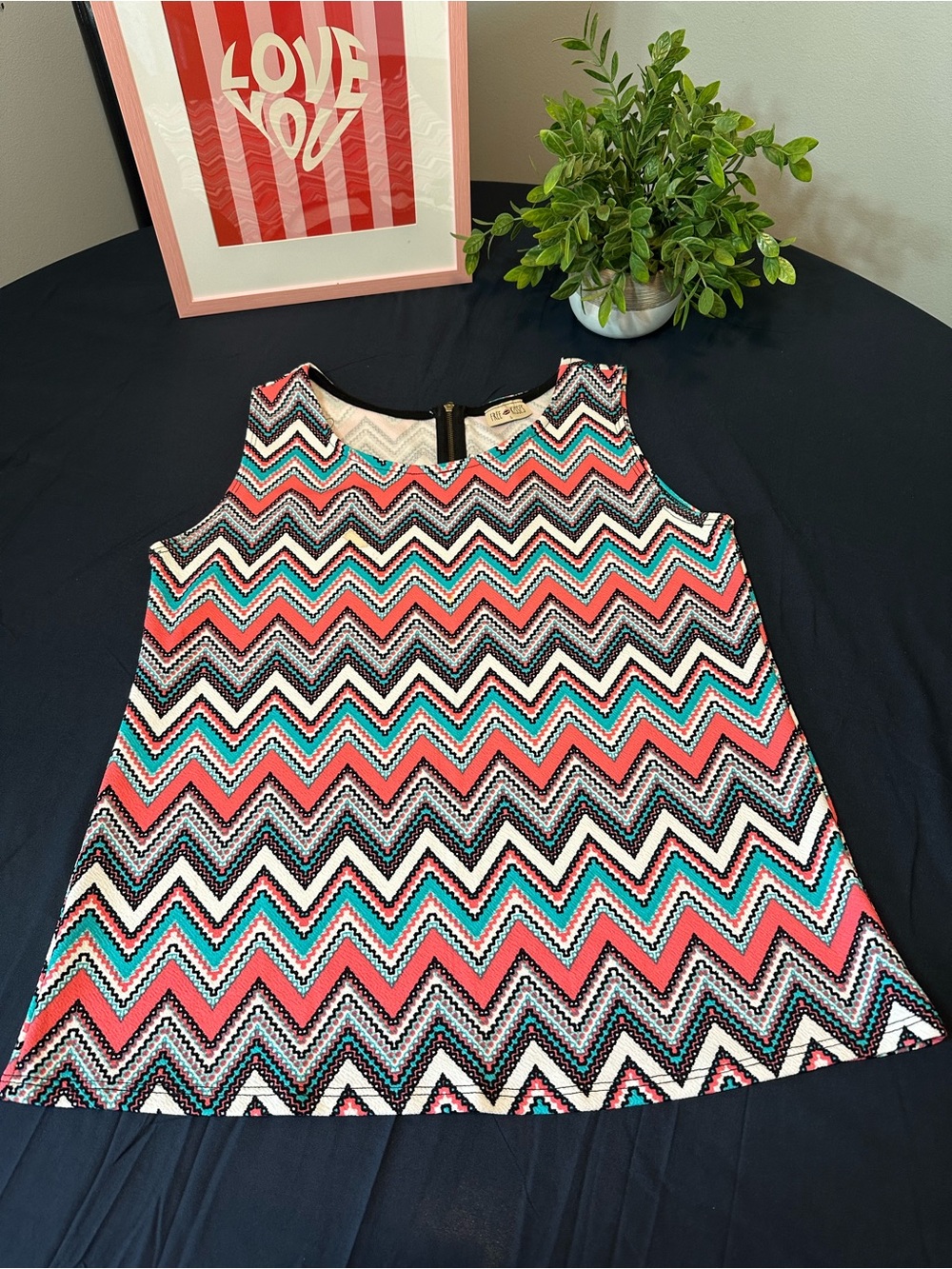 Free Kisses Chevron Tank Top in Coral, Teal, Black & White